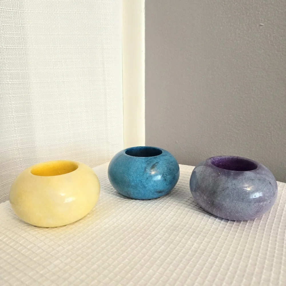 Crate & Barrel Stone Tealight Candle Holders Carved Votive Set of 3